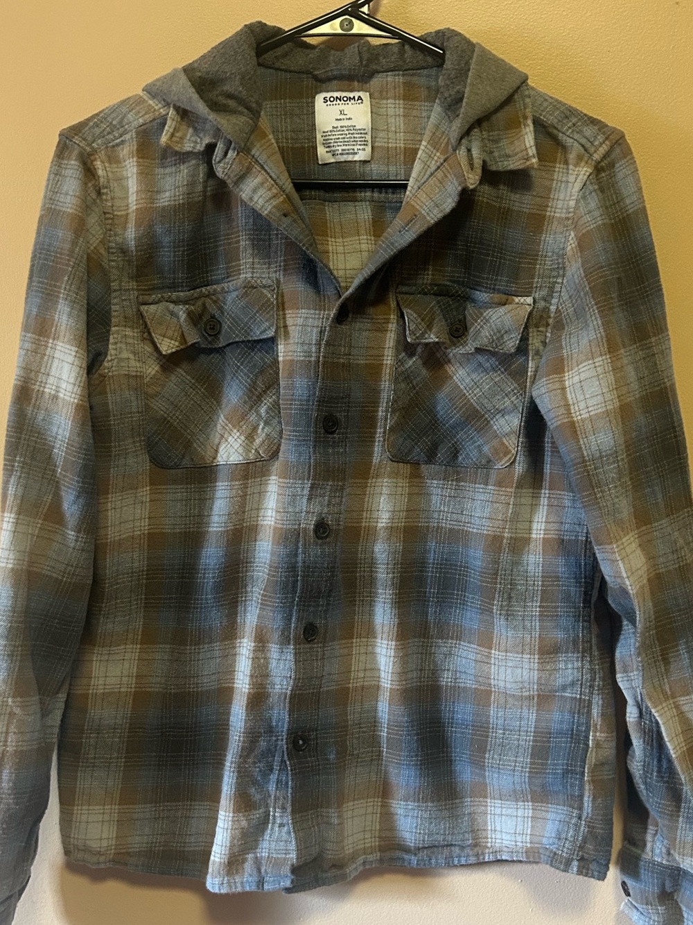 Sonoma Hooded Plaid Shirt Jacket in Blue and Brown Tones
